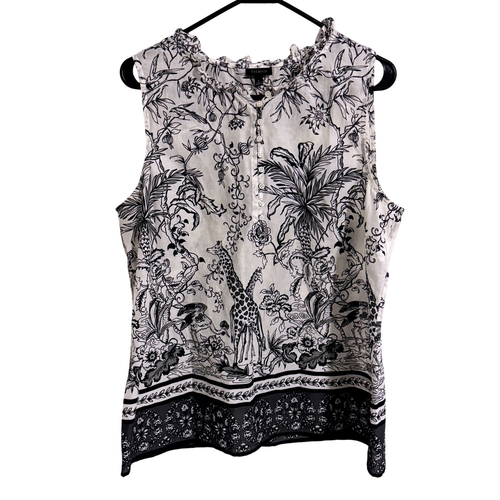 Talbots Womens Large White Black Safari Toile Giraffe Cotton Ruffle Blouse Top